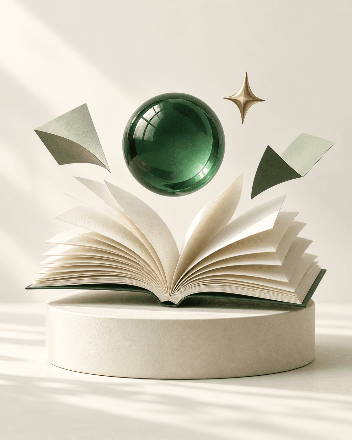 An open book with floating green glass and paper shapes, created for the Batala AI library